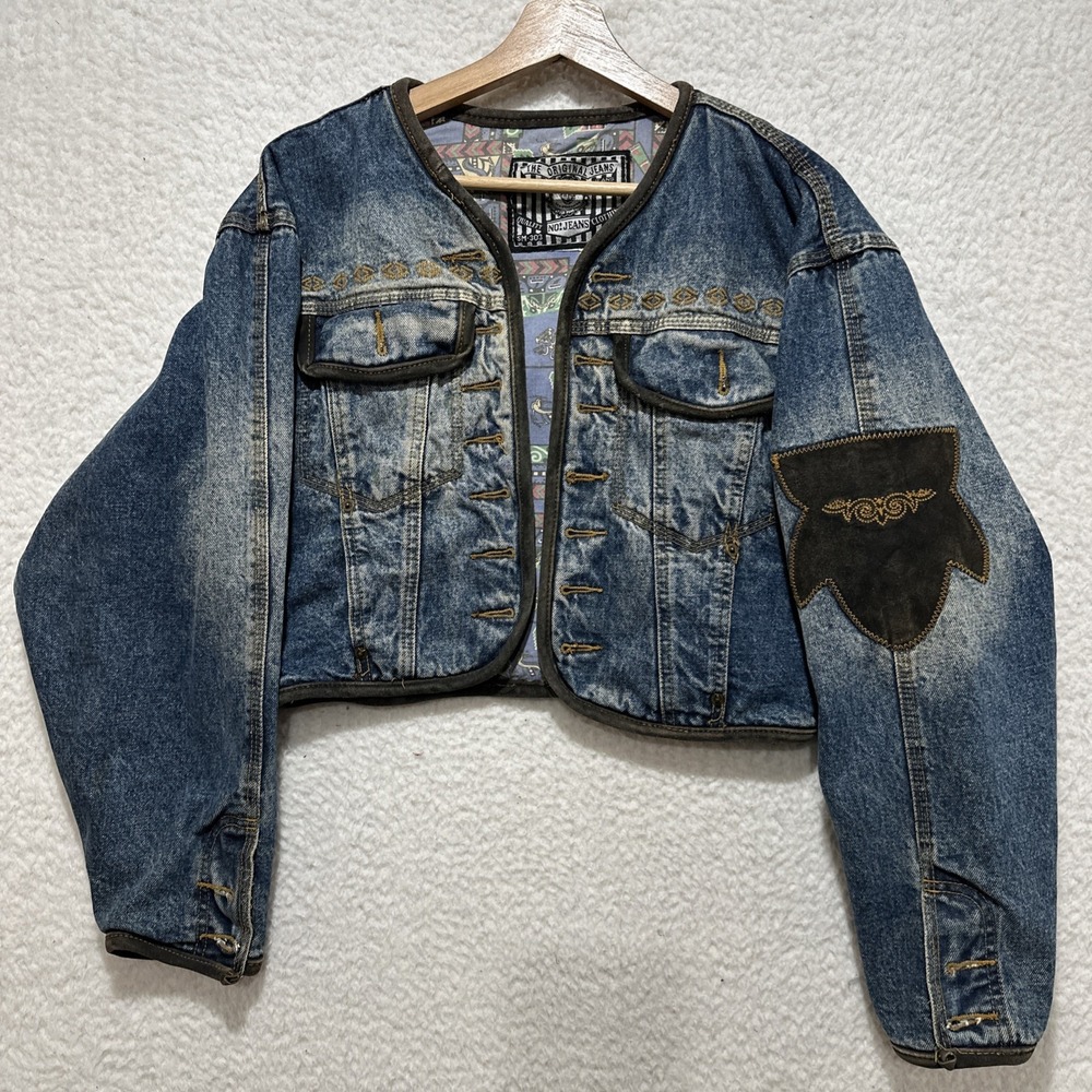 No! Jeans Open Front Aztec Patterned Lined Leather Trim Denim Jacket Size XS, S?